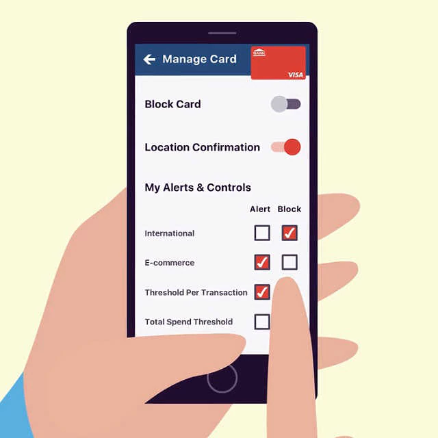 Illustration of a hand holding a phone displaying customization options for managing a Visa card. 