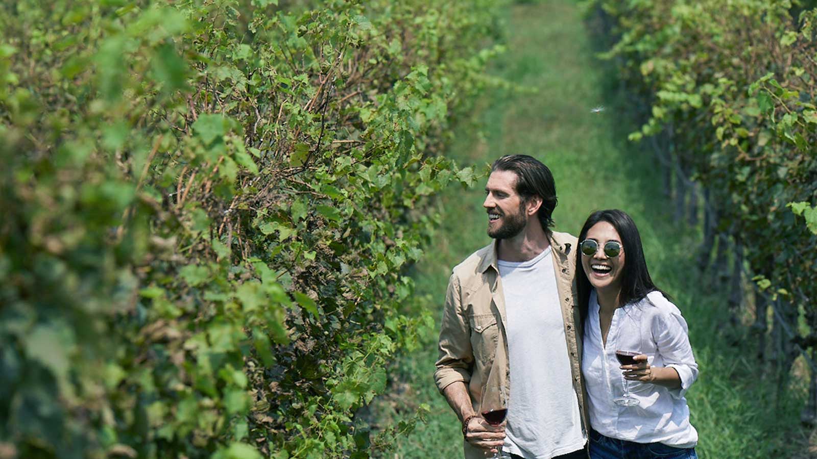 couple strolling in a plantation holding wine glass